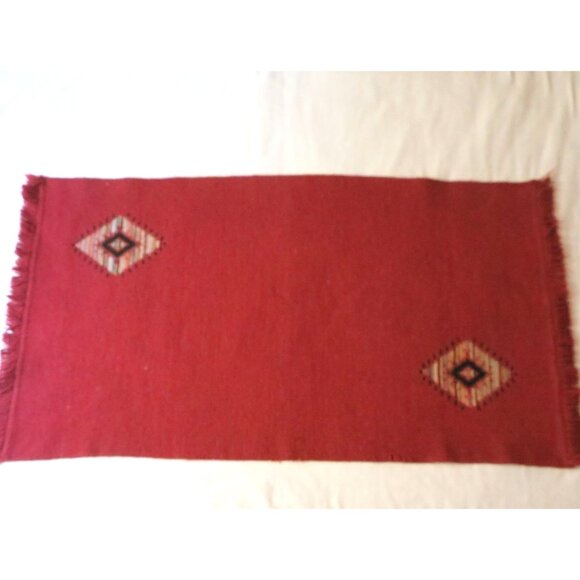 Hand Woven Reversible Red Multicolor Wool Rug with Diamond Pattern Fringed Edge - Picture 10 of 13